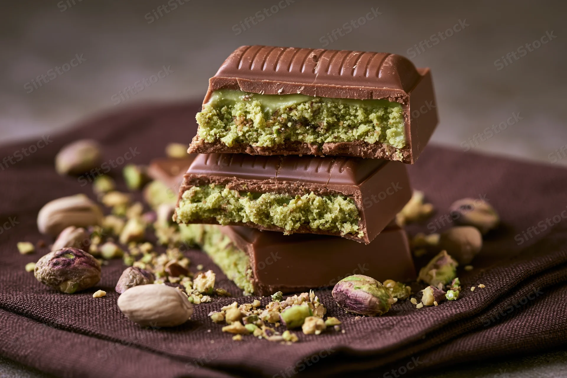 Broken pieces of pistachio-filled milk chocolate bar stacked on a brown cloth with scattered nuts and crumbs