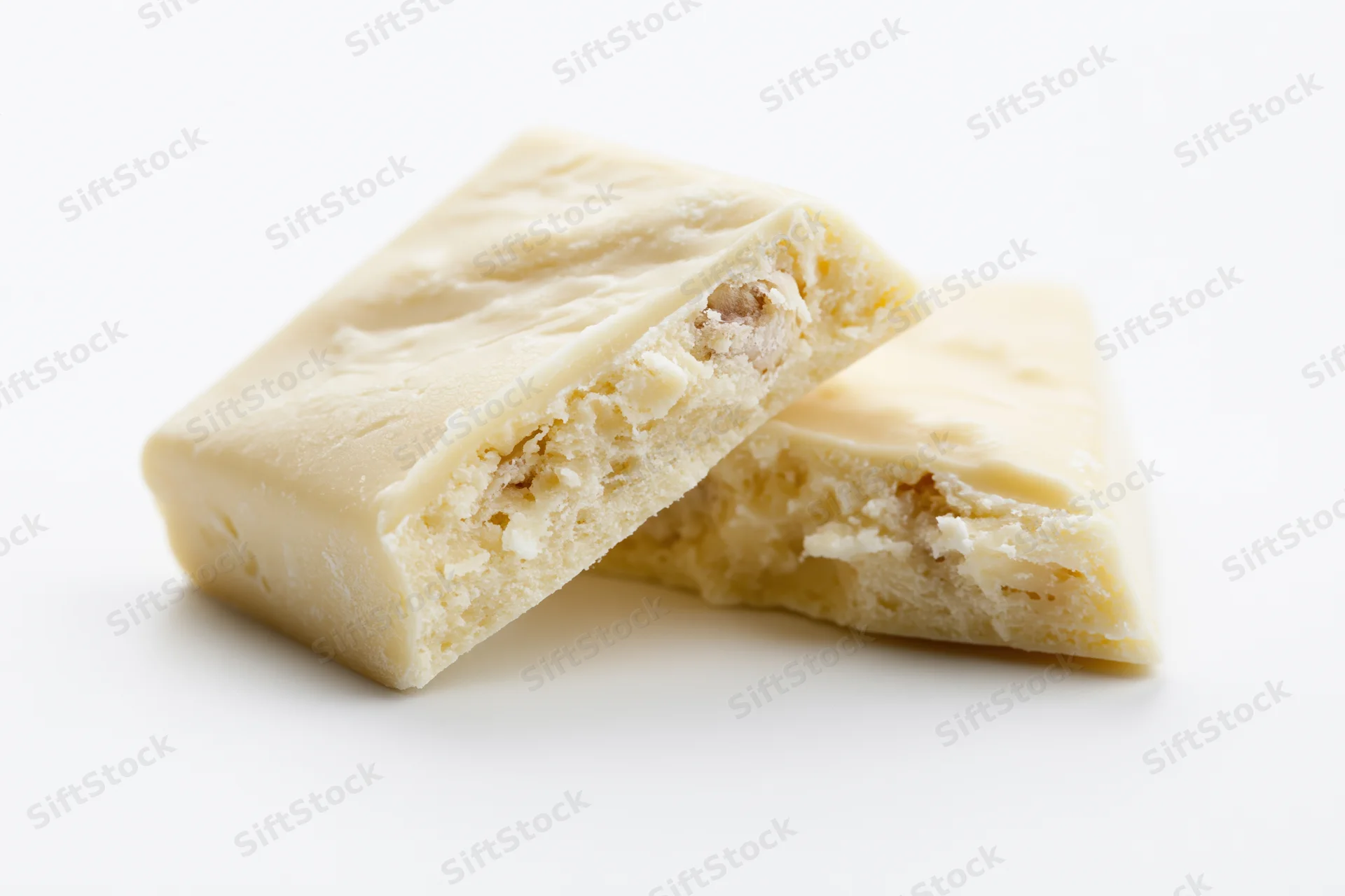 Two broken white chocolate pieces stacked at an angle showing interior texture
