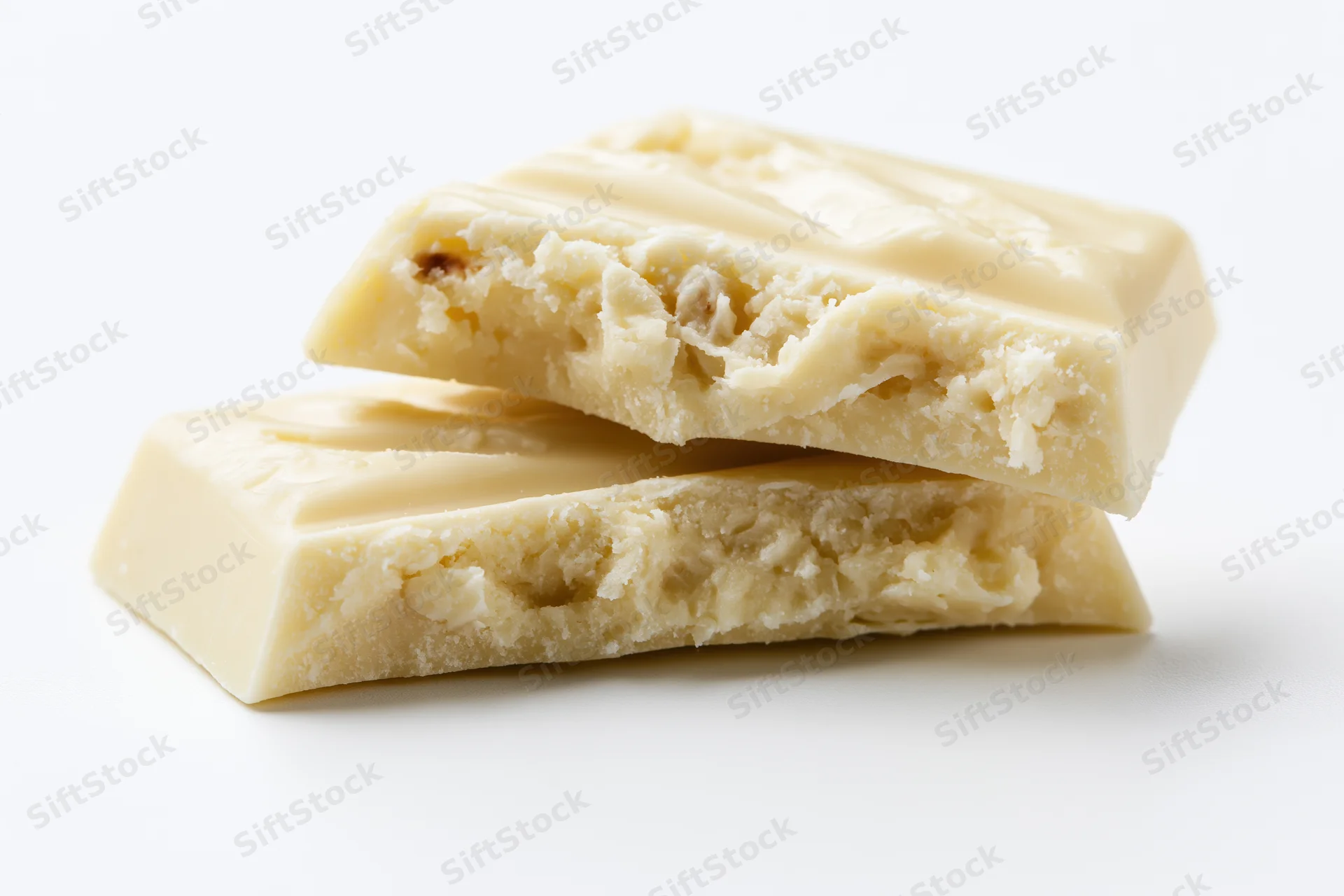 Two broken white chocolate pieces stacked at an angle showing interior texture