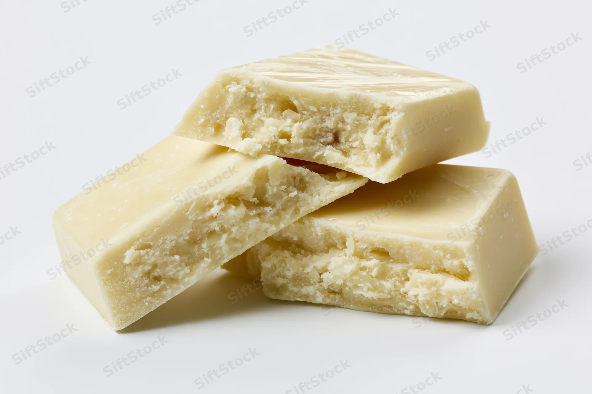 Broken white chocolate pieces stacked at an angle on a white surface