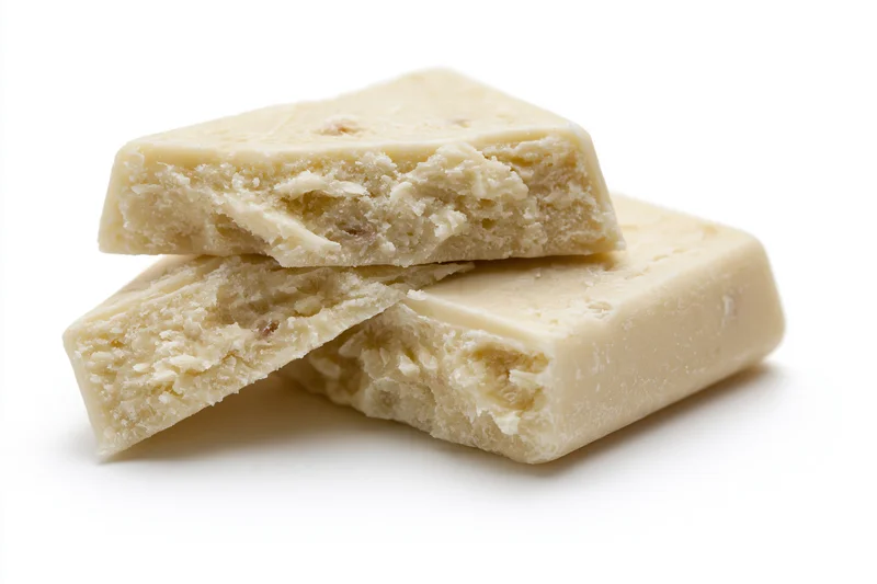 Broken white chocolate pieces stacked at an angle on white background