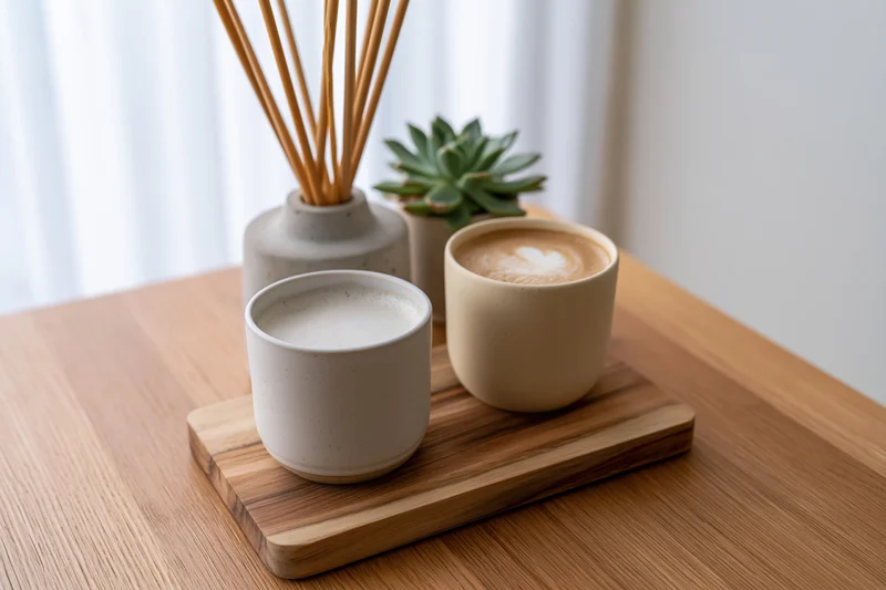 Two ceramic coffee cups on a wooden serving board with a succulent and reed diffuser on a table