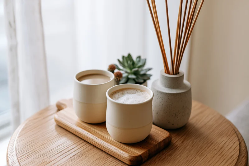 Two ceramic coffee cups on a wooden tray beside a reed diffuser and succulent on a round wooden table near a window