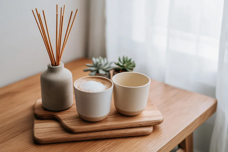 Two ceramic coffee cups on a wooden serving tray on a table near a window with a reed diffuser and succulents