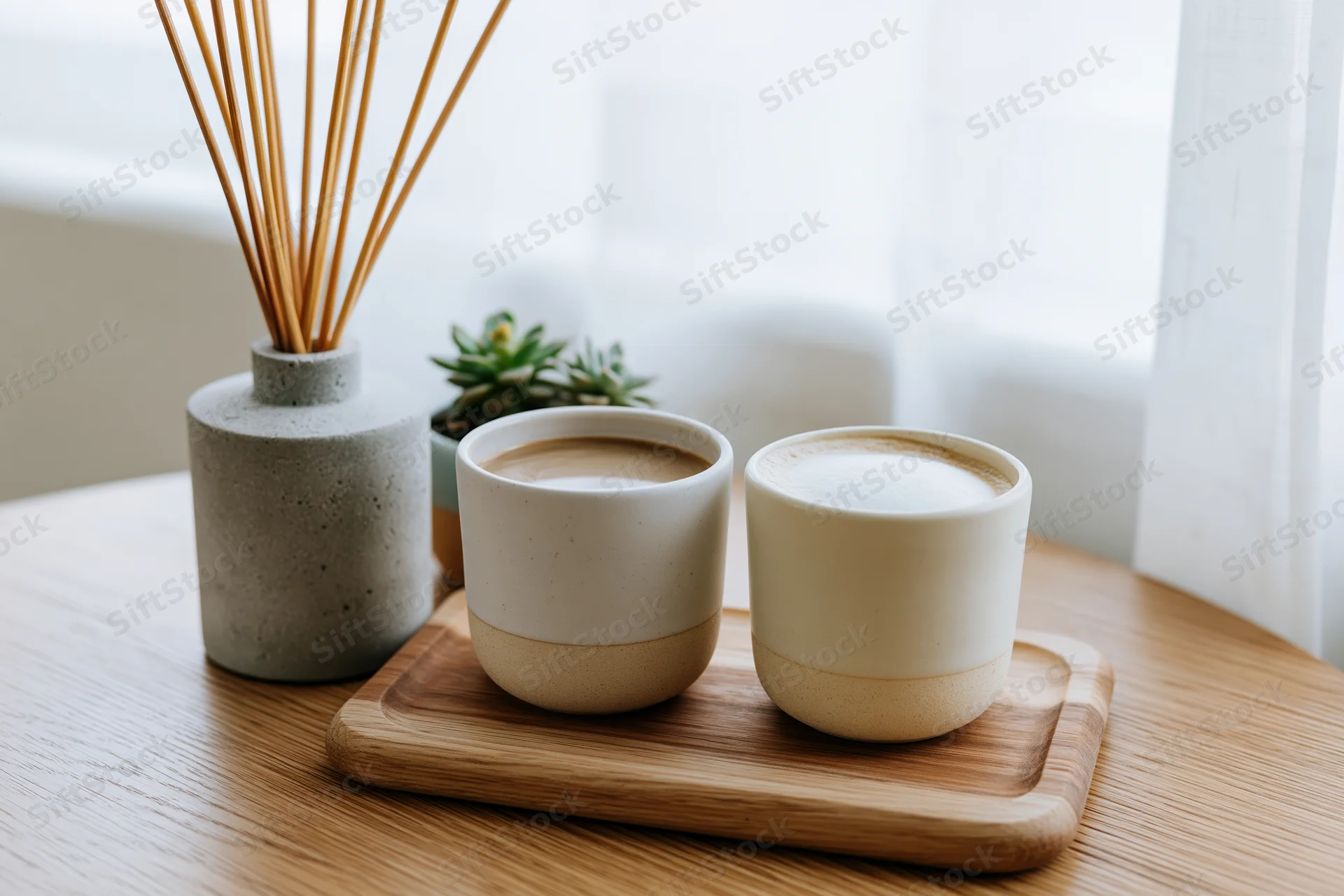 Two ceramic coffee cups on a wooden tray beside a reed diffuser and succulent on a table near a window