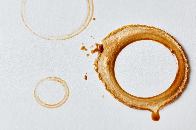 Coffee ring stains on white surface with drip and smaller marks