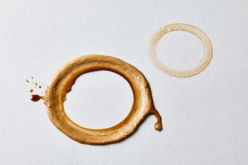 Two coffee cup ring stains on a white surface, one large irregular and one small faint, close-up view