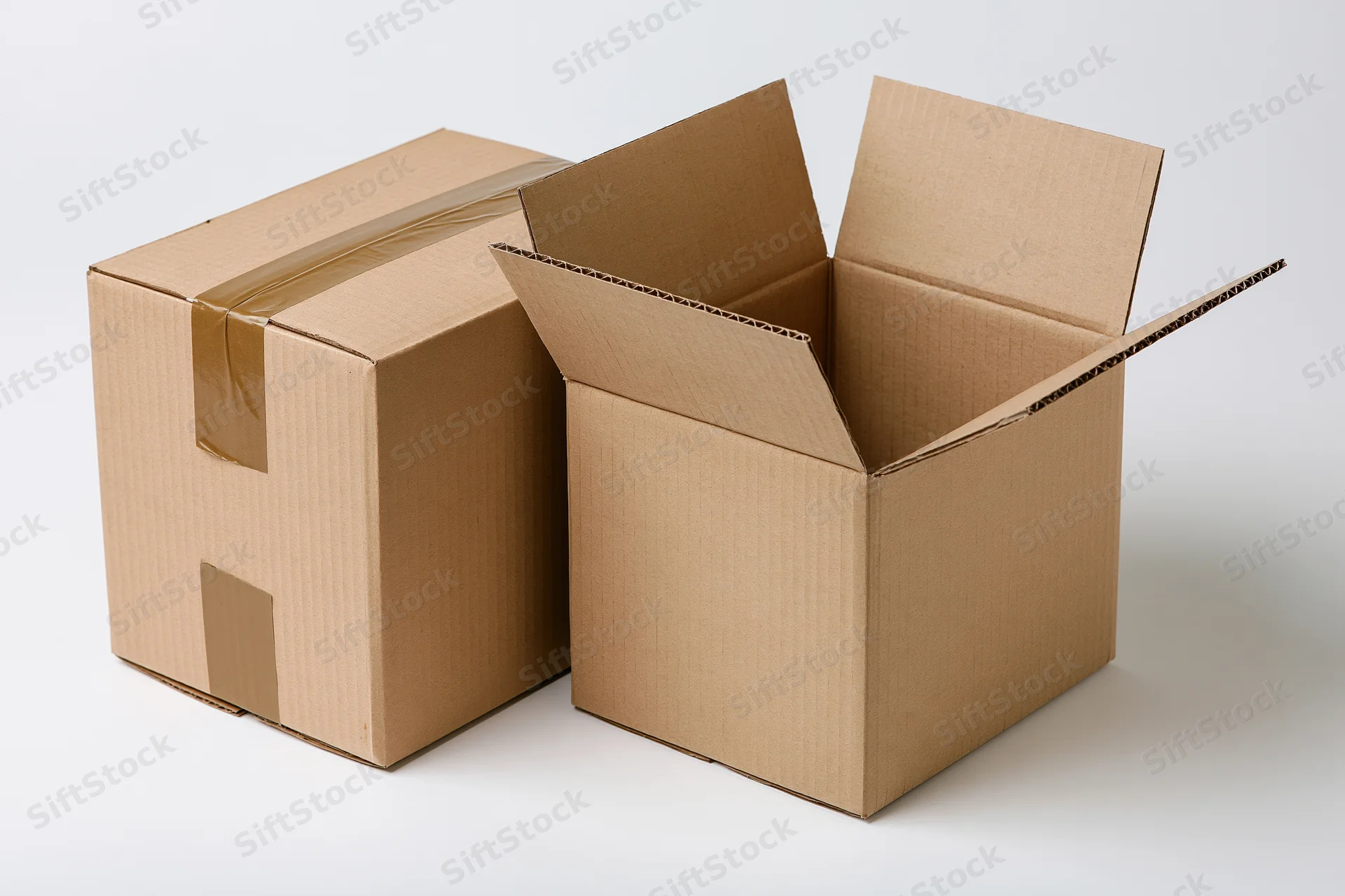 Two corrugated cardboard shipping boxes one open and one closed on white background