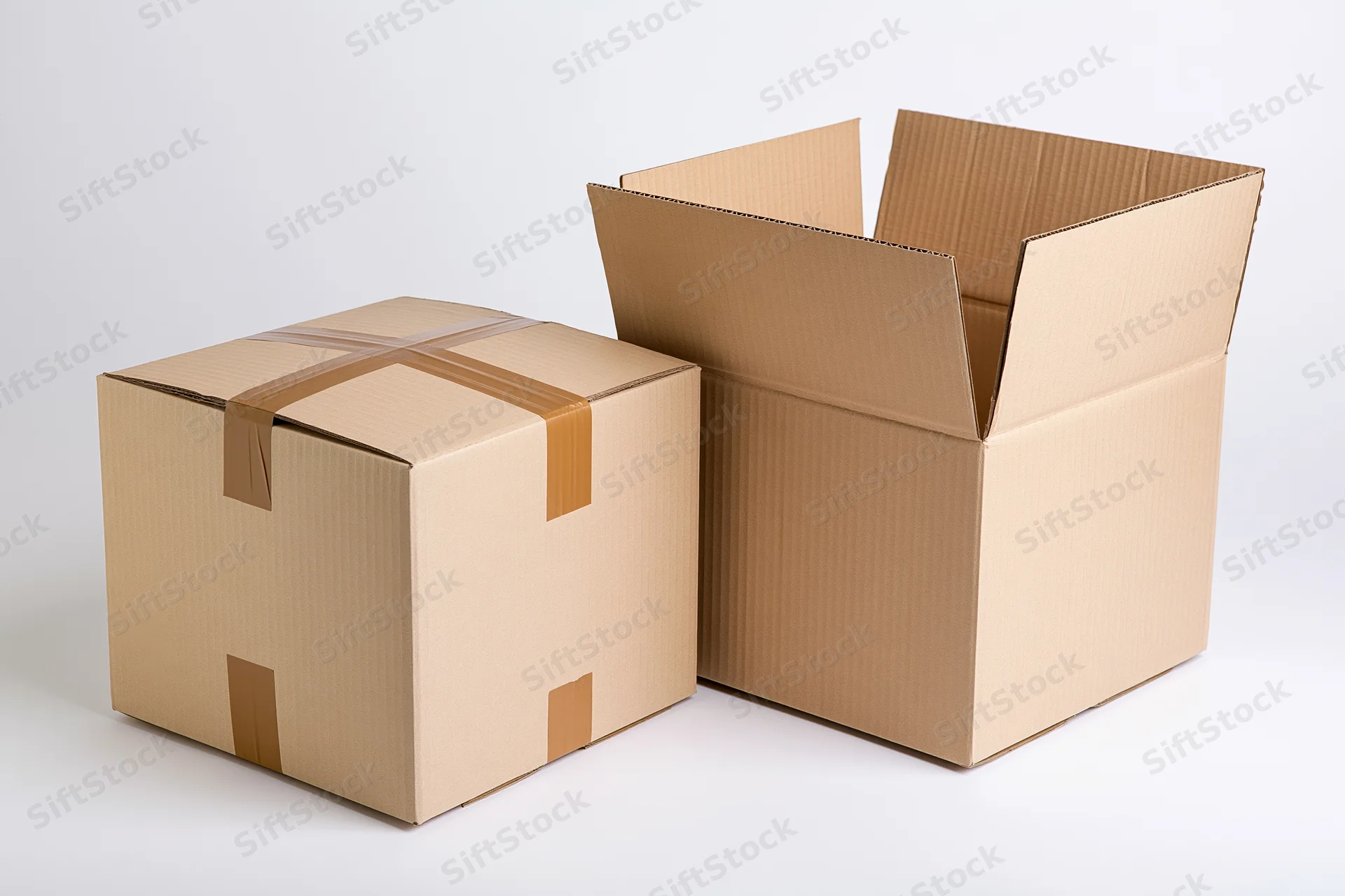 Two corrugated cardboard shipping boxes, one sealed with tape and one open, on a plain white surface