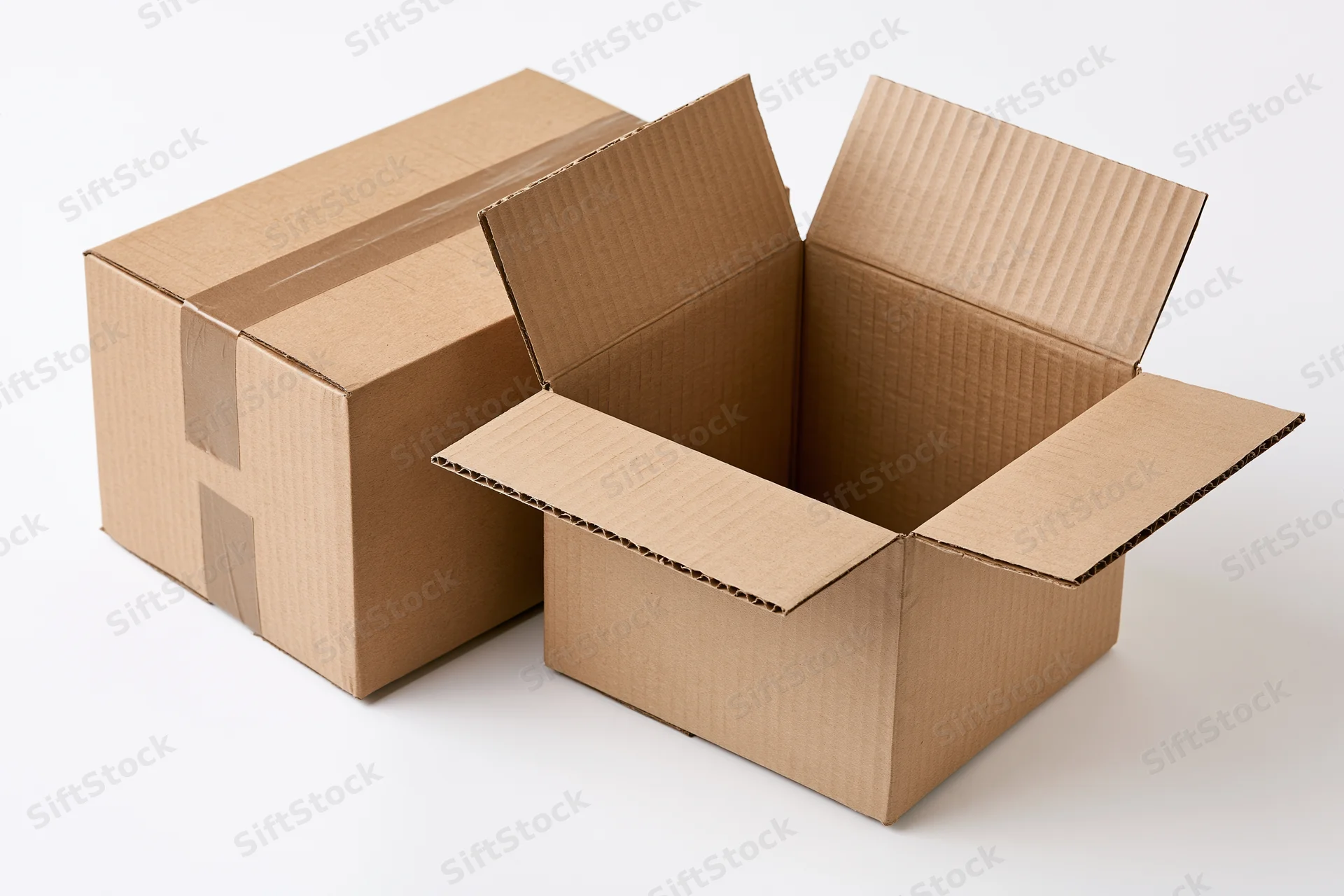 Two corrugated cardboard shipping boxes one open and one closed on white background