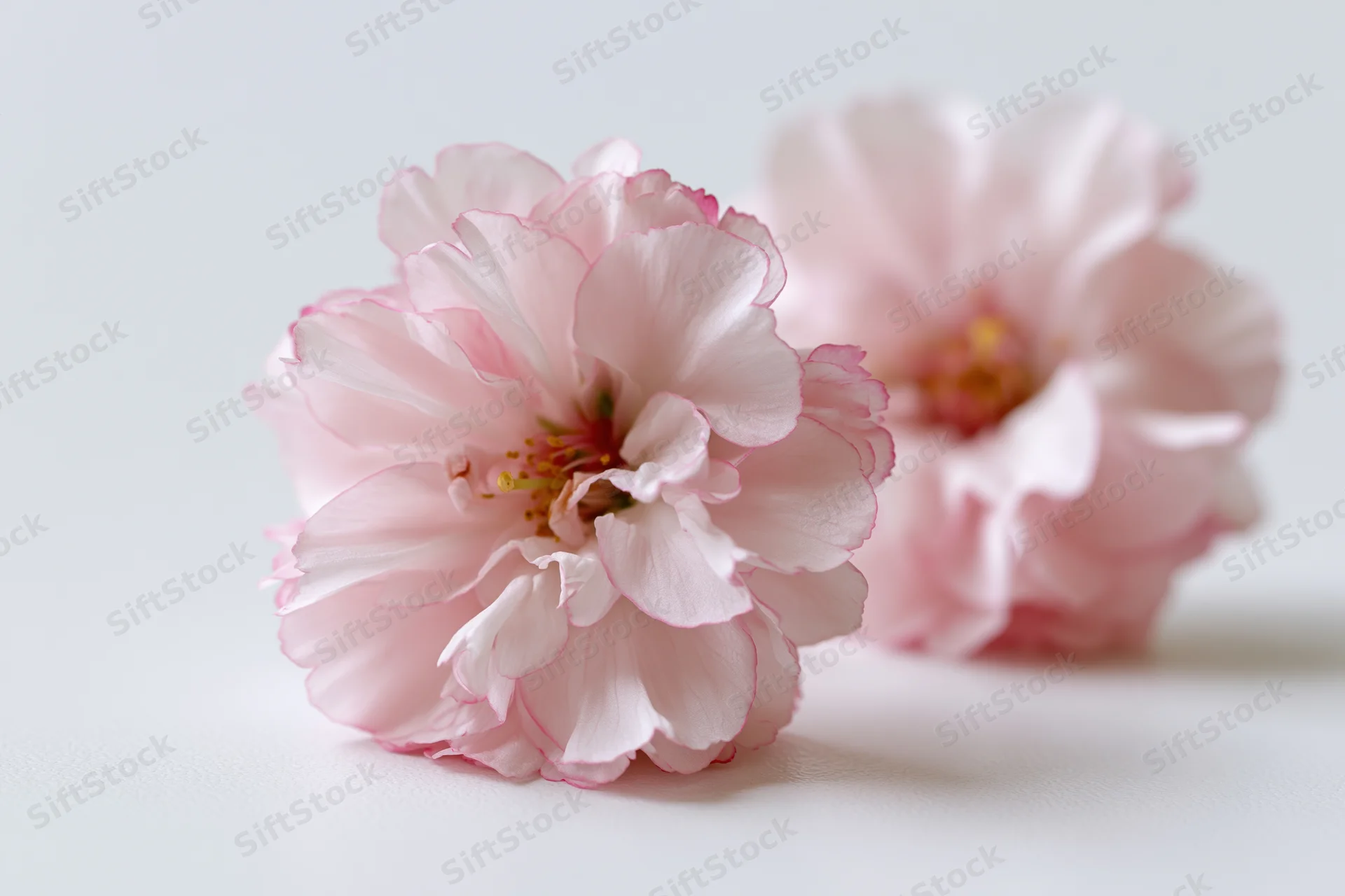 Two pink peach blossoms resting on a white surface