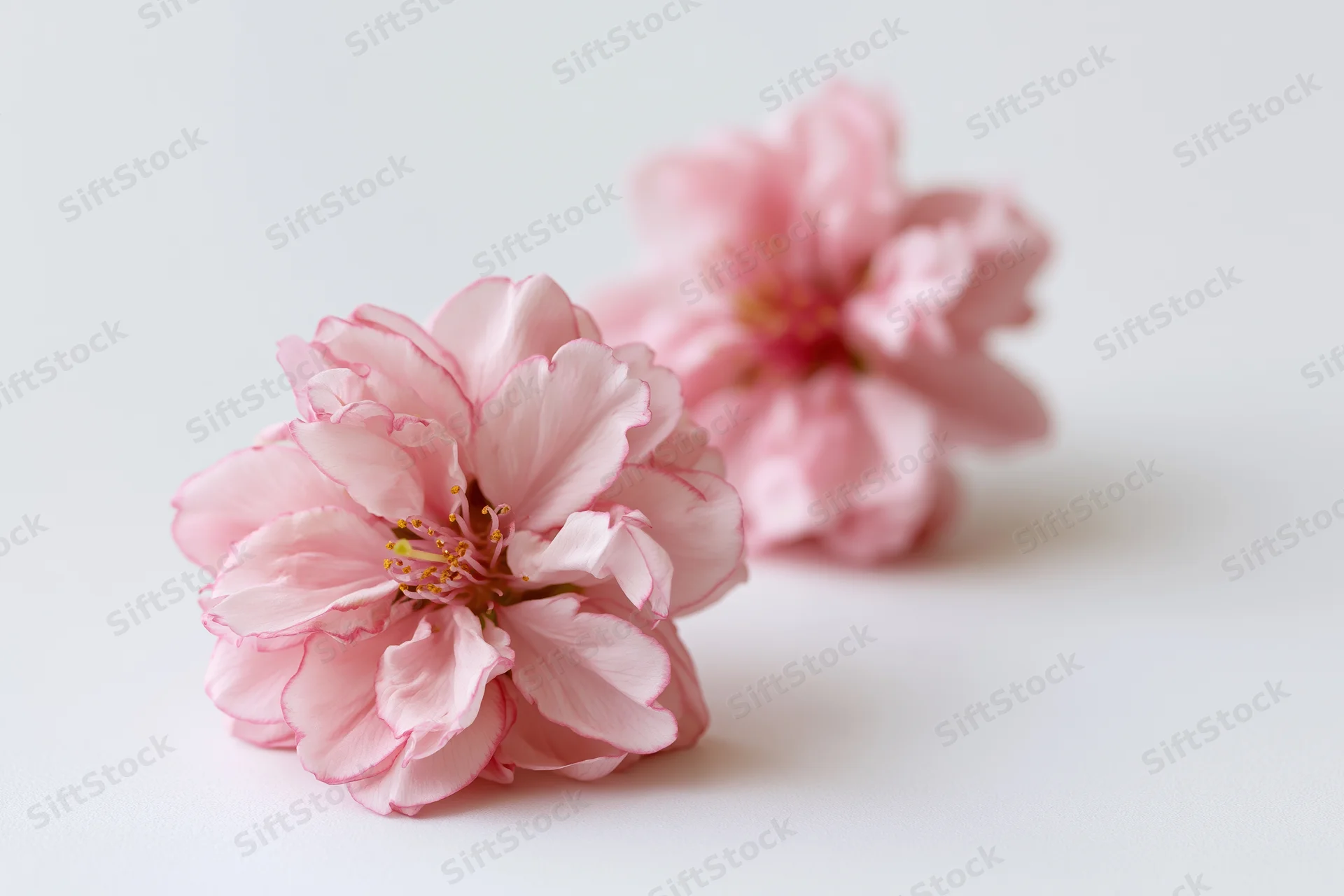 Two pink peach blossoms resting on a white surface