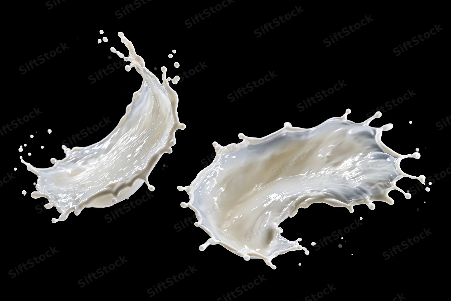 Two frozen milk splashes captured midair against a pure black background