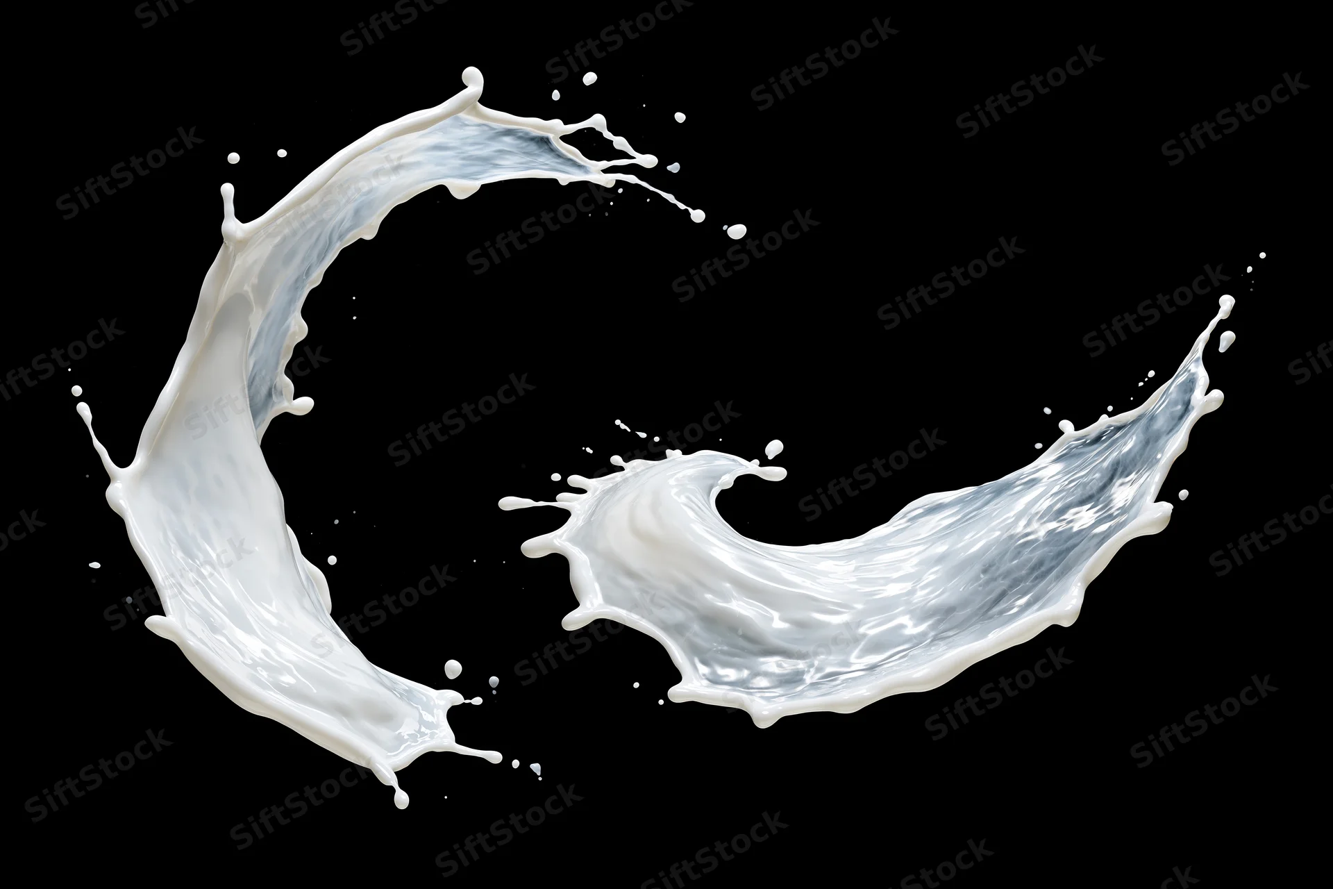 Two frozen milk splashes captured midair against a pure black background