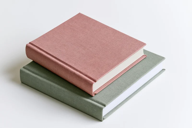 Two hardcover books stacked at an angle on a white surface