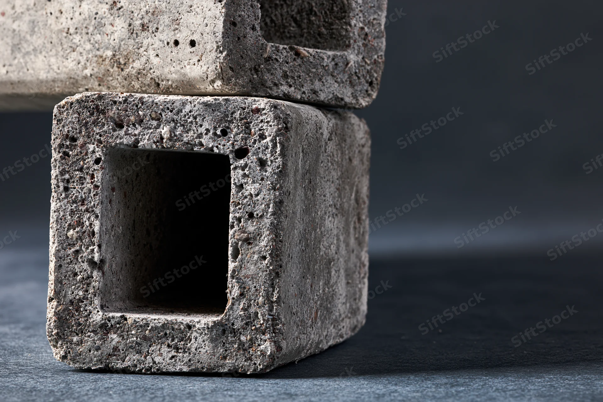 Two raw concrete blocks stacked on a dark surface with visible texture and hollow centers
