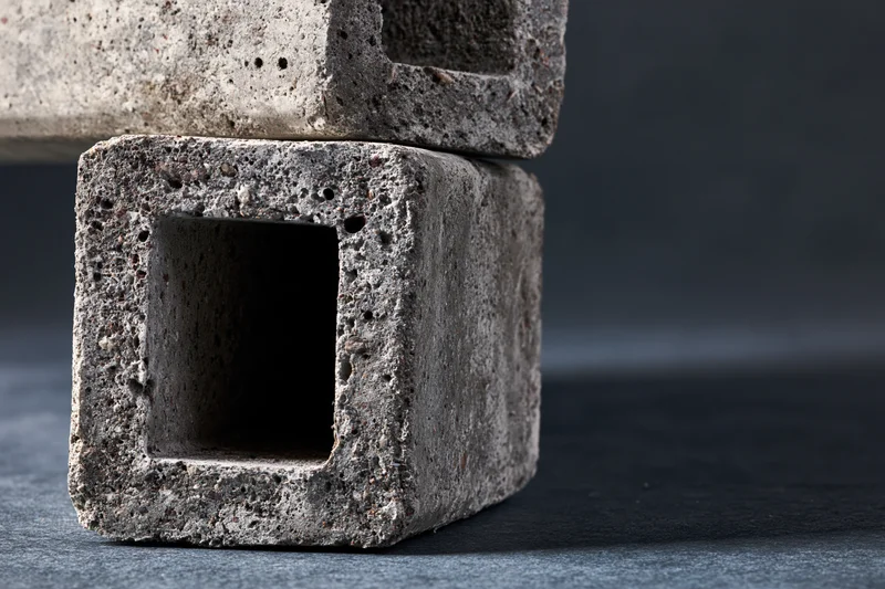 Two raw concrete blocks stacked on a dark surface with visible texture and hollow centers