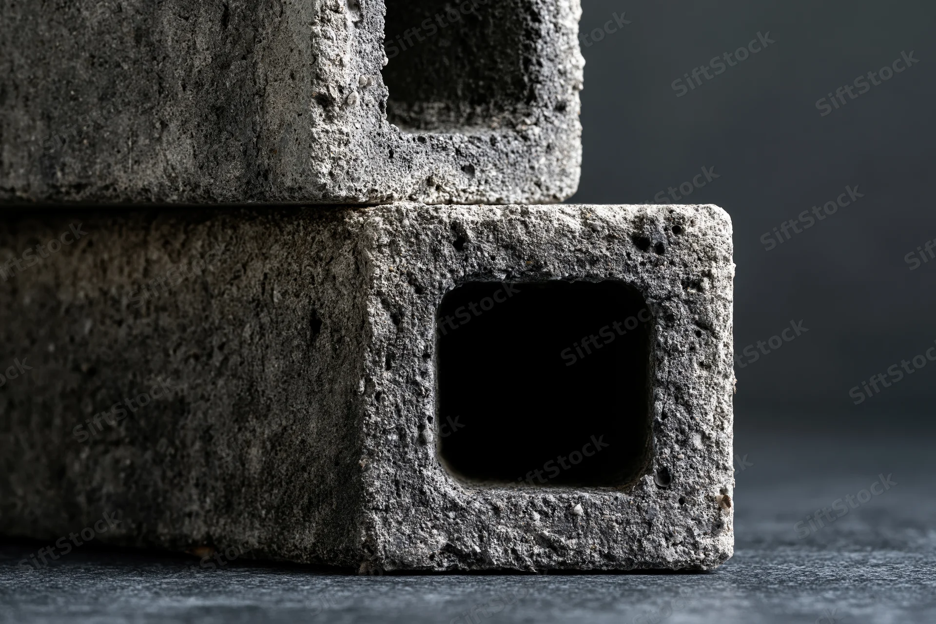 Two raw concrete blocks stacked on a dark surface showing rough texture and hollow centers
