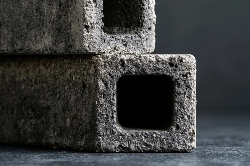 Two raw concrete blocks stacked on a dark surface showing rough texture and hollow centers