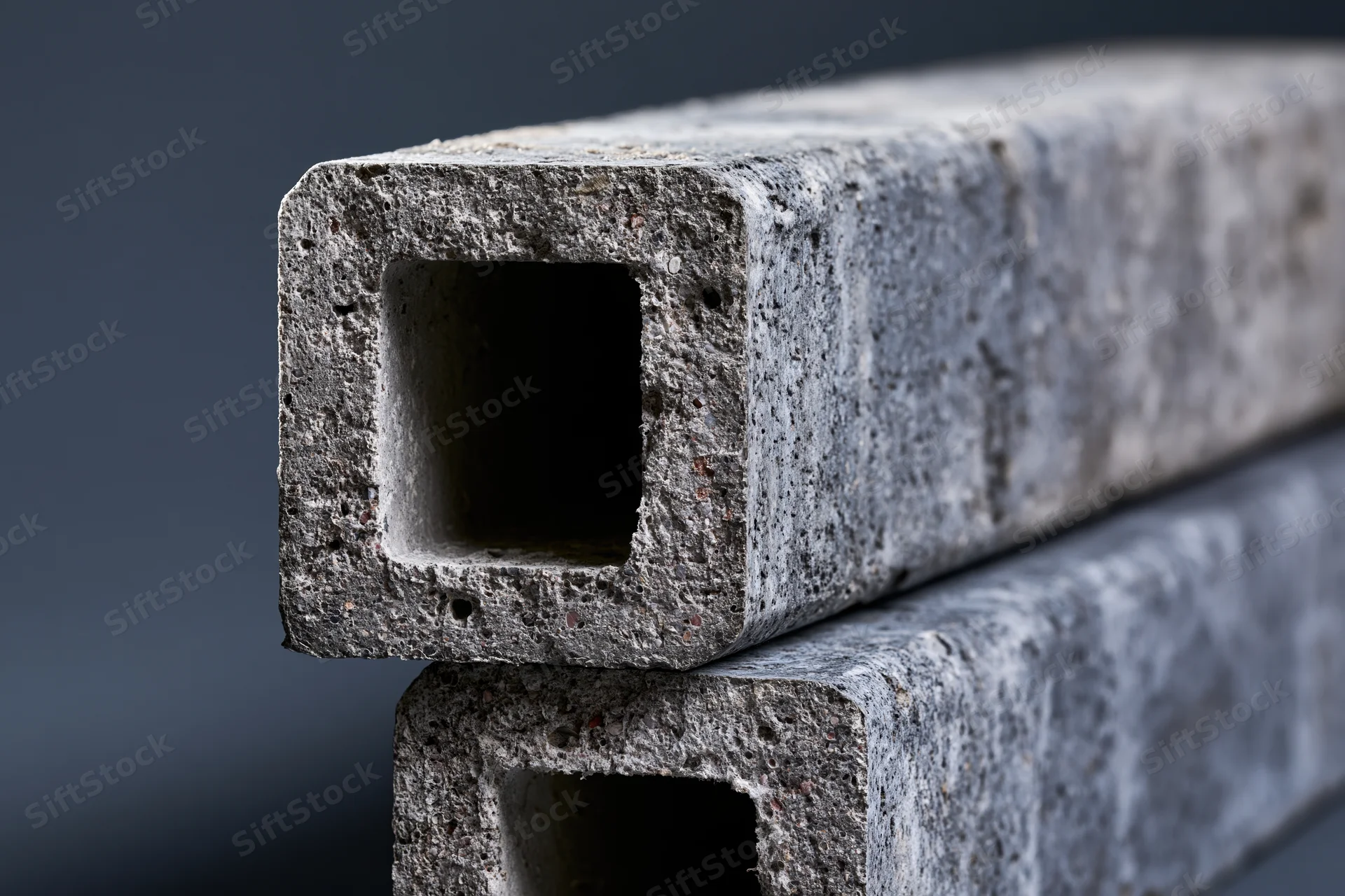 Two raw concrete rectangular beams stacked and arranged to show hollow core and textured surface against dark background