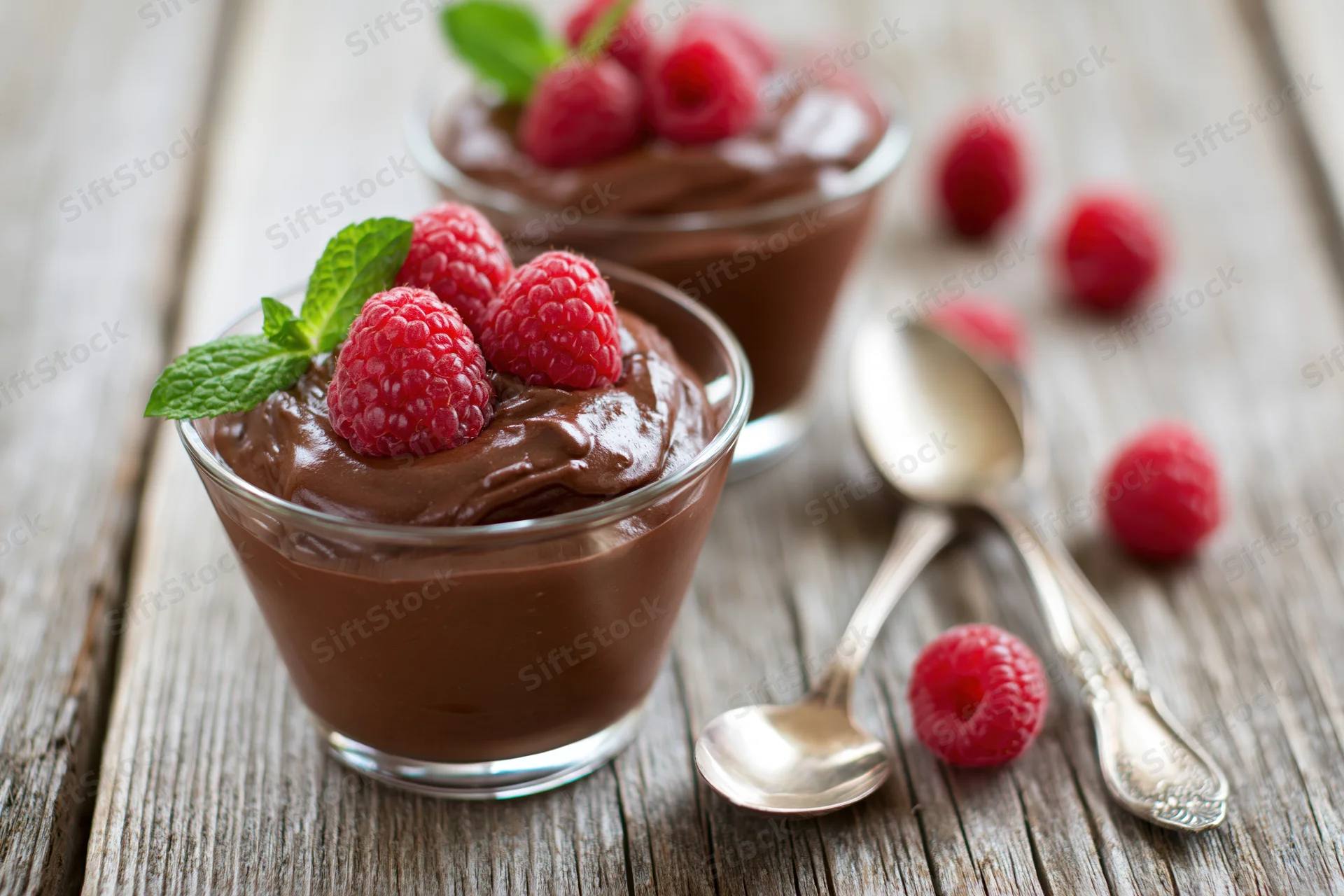 Two glass cups of chocolate mousse topped with raspberries and mint on a wooden table with spoons nearby