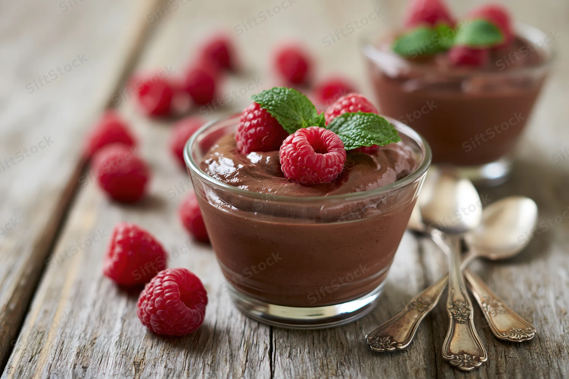 Chocolate mousse in glass cups topped with raspberries and mint on wooden table with spoons