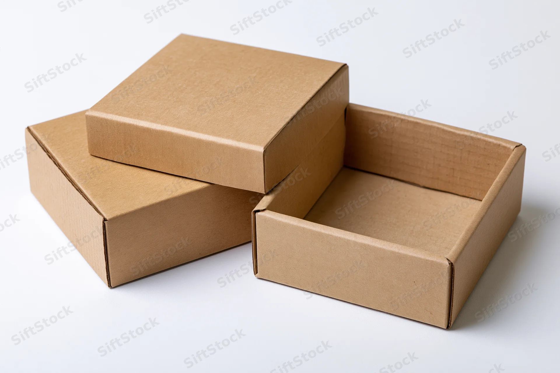 Two small kraft cardboard boxes one open with lid propped on white background