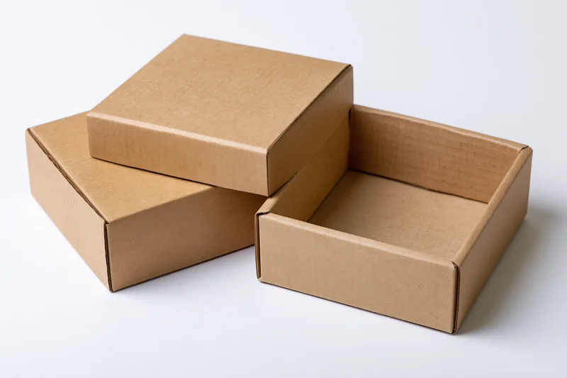 Two small kraft cardboard boxes one open with lid propped on white background