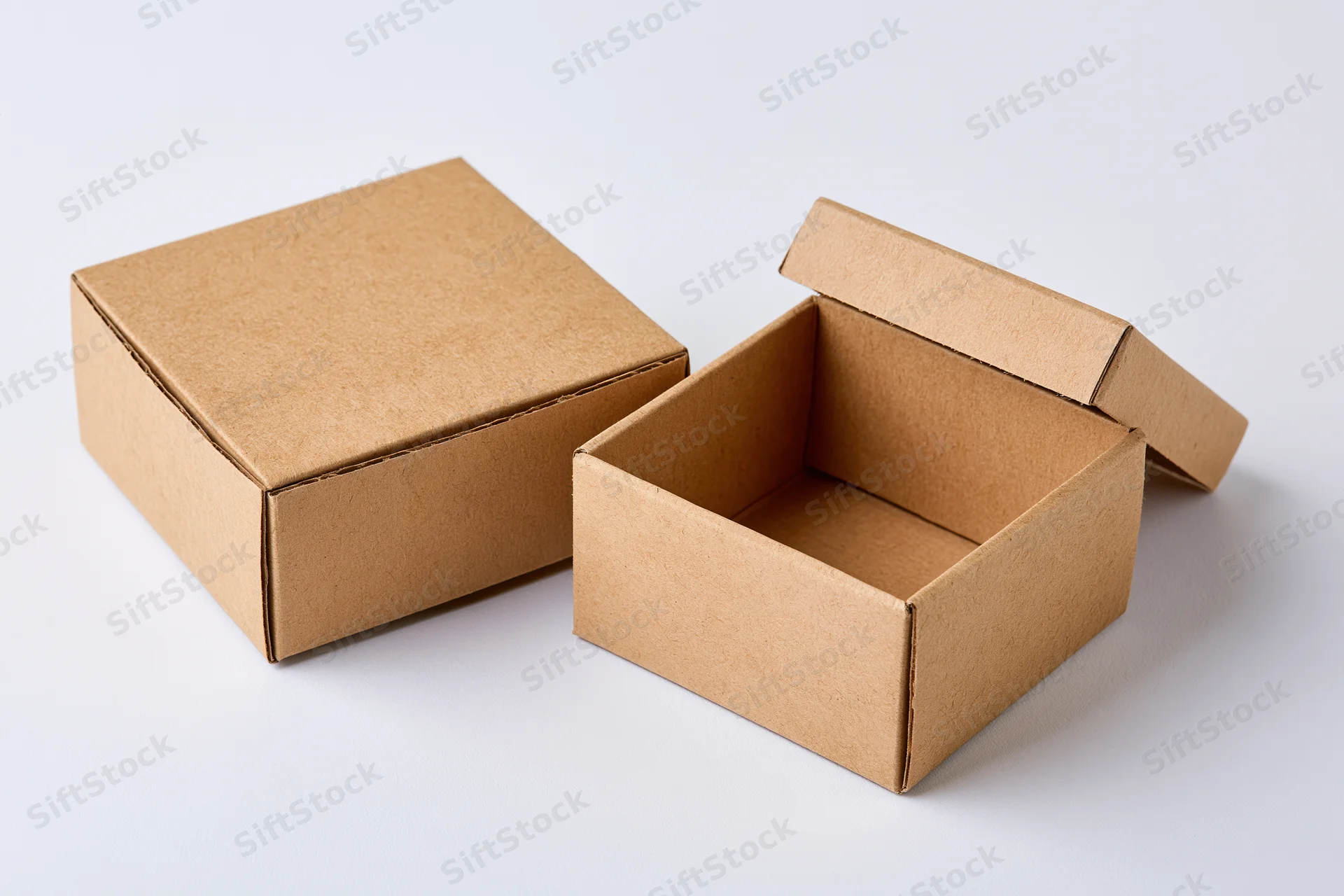Two small kraft cardboard boxes one open with lid propped on white background