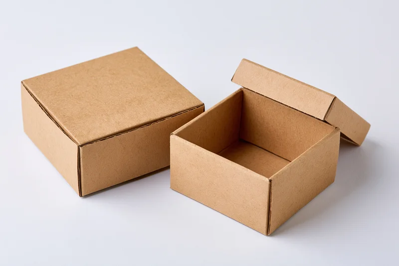 Two small kraft cardboard boxes one open with lid propped on white background