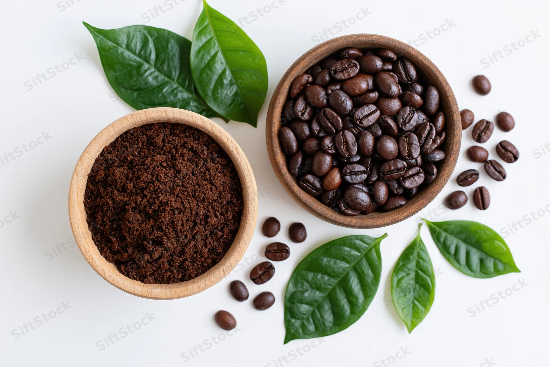 Two wooden bowls with whole and ground coffee beans and green leaves arranged on white surface