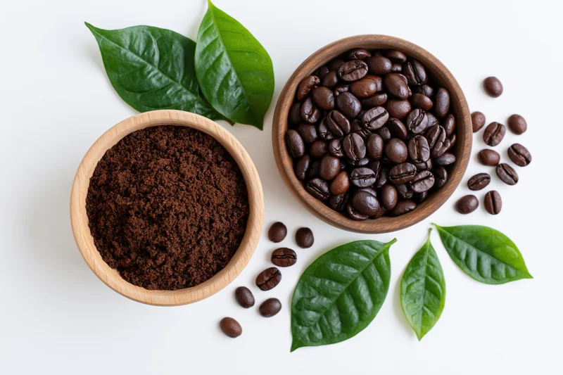 Two wooden bowls with whole and ground coffee beans and green leaves arranged on white surface