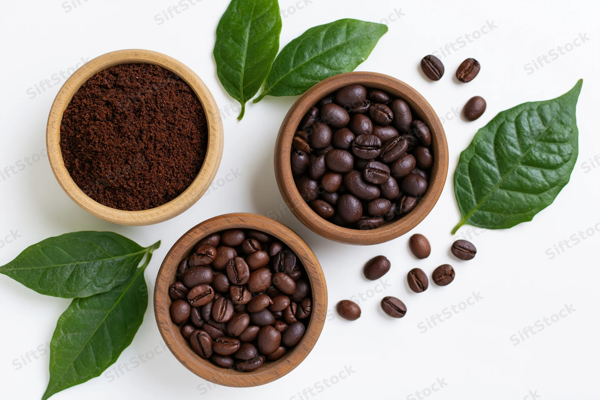 Coffee beans and ground coffee in wooden bowls with green leaves on white background