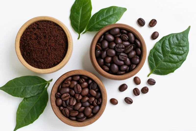Coffee beans and ground coffee in wooden bowls with green leaves on white background