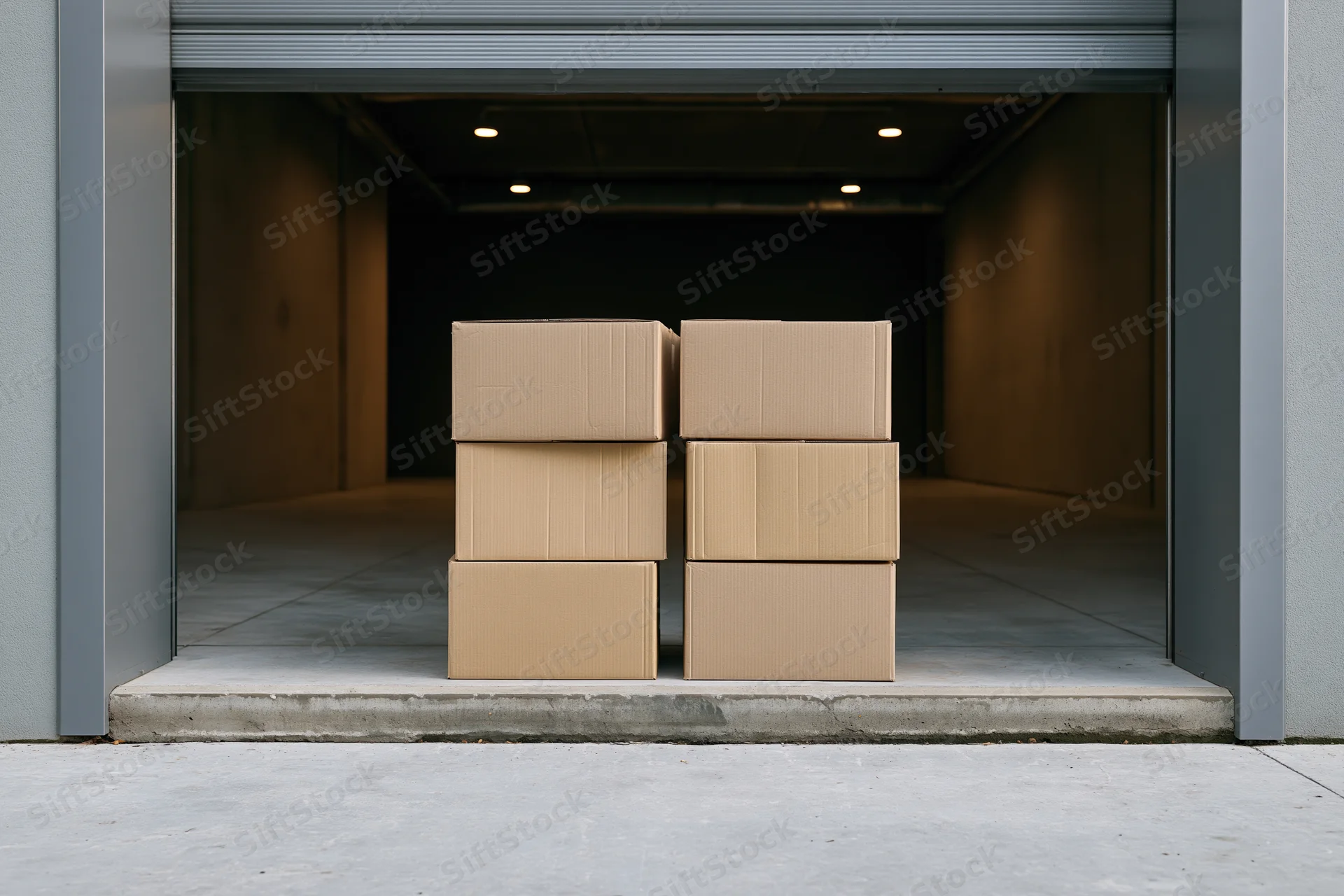Two stacks of plain cardboard boxes on concrete loading dock in warehouse entrance
