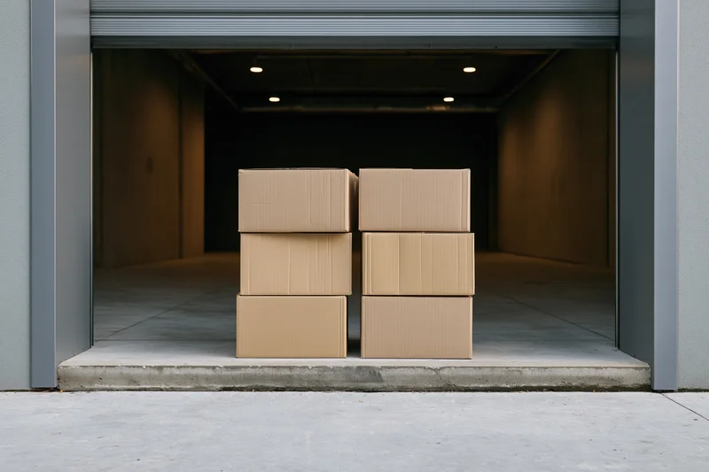 Two stacks of plain cardboard boxes on concrete loading dock in warehouse entrance
