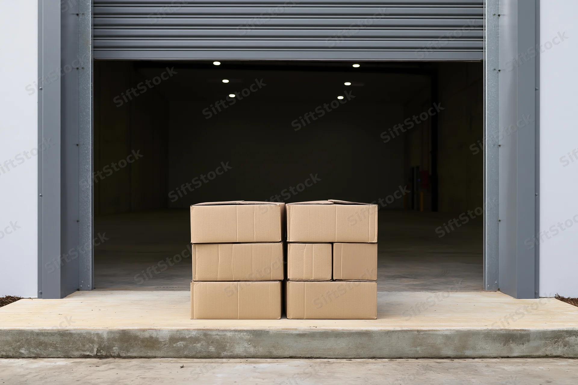 Two stacks of plain cardboard boxes on a concrete loading dock in front of an open warehouse door