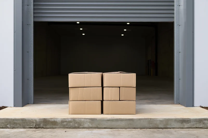 Two stacks of plain cardboard boxes on a concrete loading dock in front of an open warehouse door