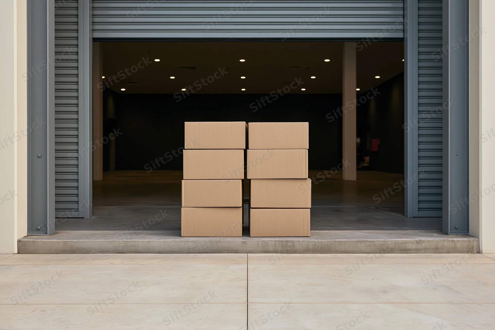 Two stacks of plain cardboard boxes on a concrete loading dock in front of an open warehouse door