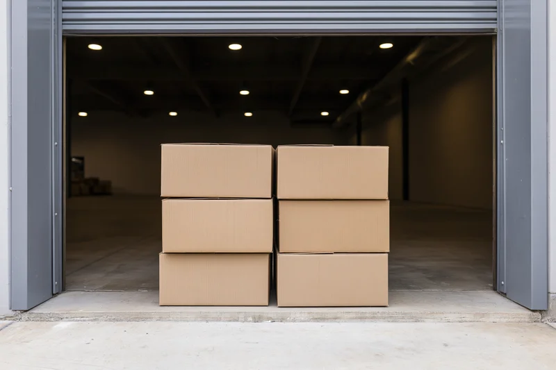 Two stacks of plain cardboard boxes sitting on a concrete loading dock in front of an open warehouse door