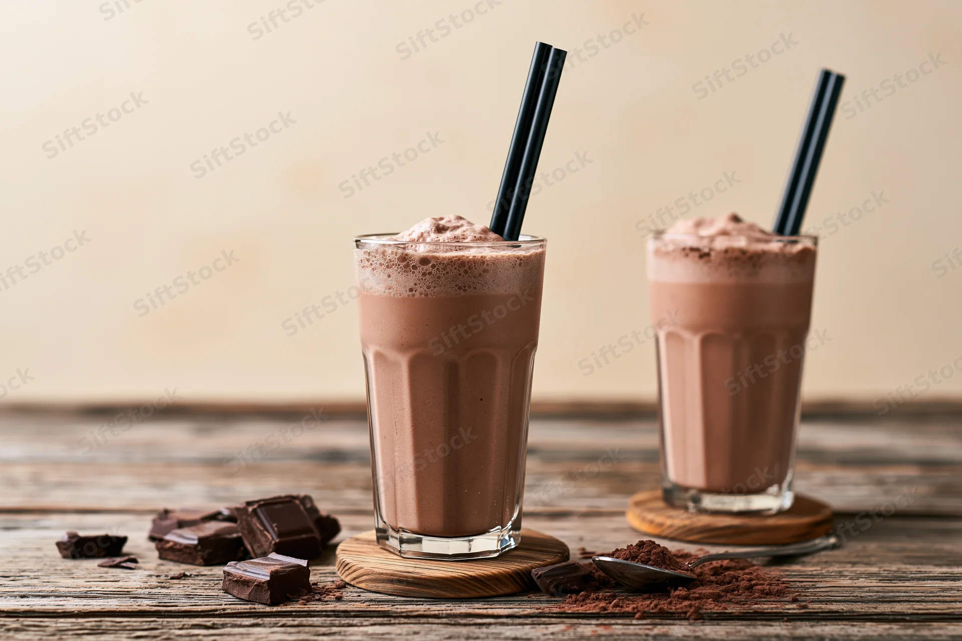 Two tall glasses of chocolate milkshake with black straws on wooden coasters, surrounded by chocolate pieces and cocoa powder on a rustic wooden table