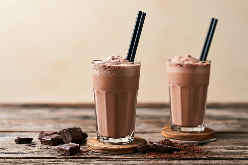 Two tall glasses of chocolate milkshake with black straws on wooden coasters, surrounded by chocolate pieces and cocoa powder on a rustic wooden table