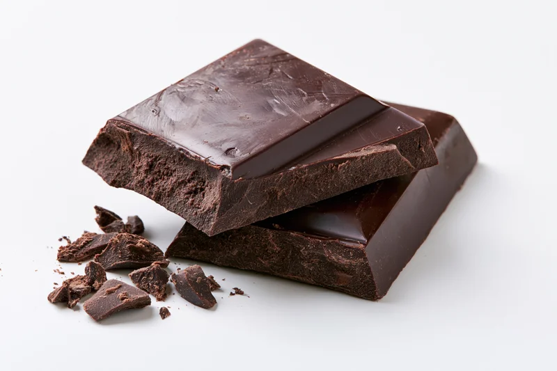Dark chocolate bars stacked with broken pieces on white background