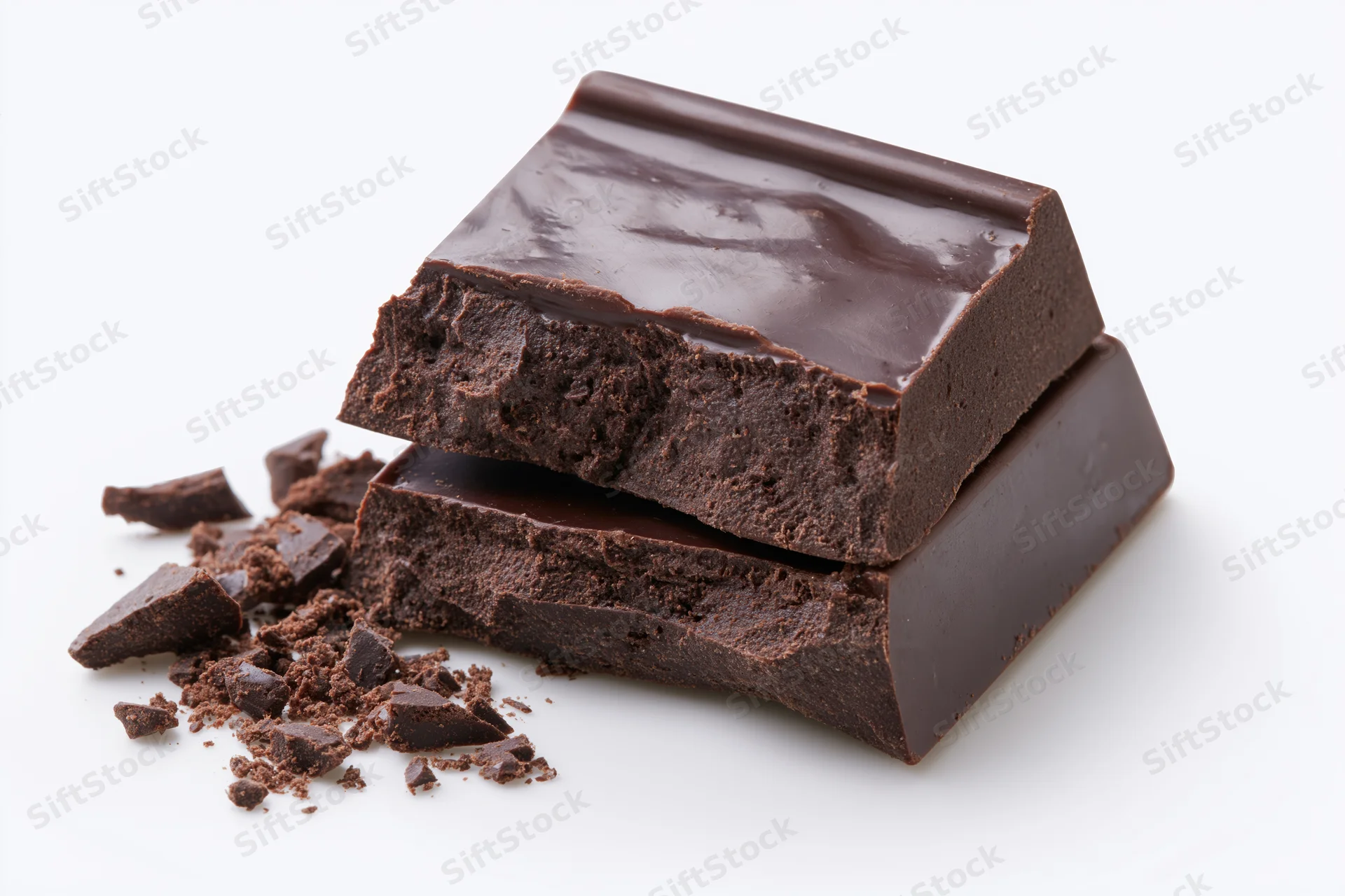Two thick dark chocolate blocks stacked with broken pieces and crumbs on white background