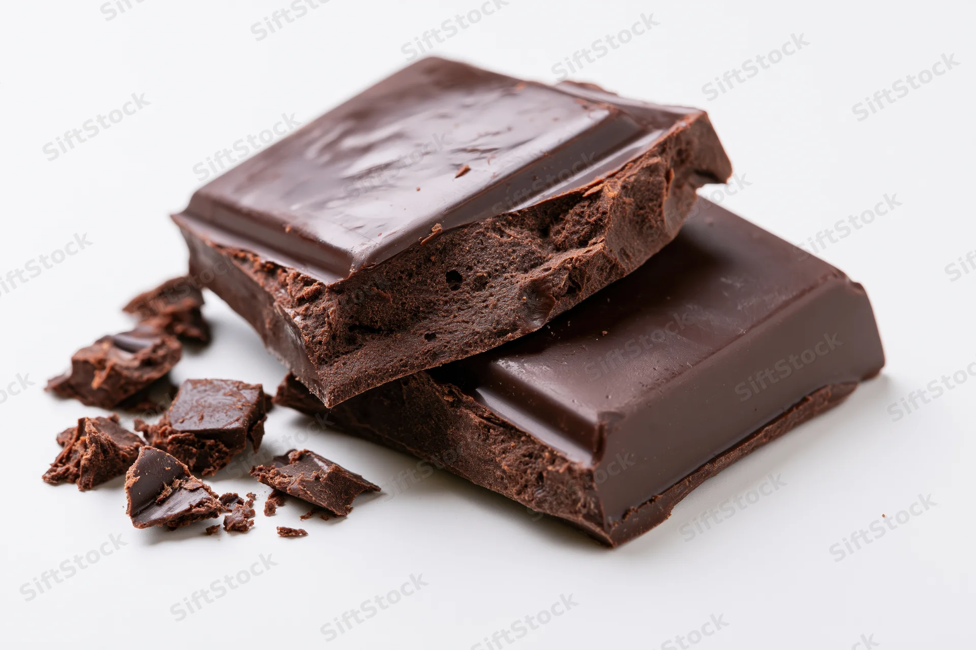 Two thick dark chocolate bars stacked with broken pieces on white background