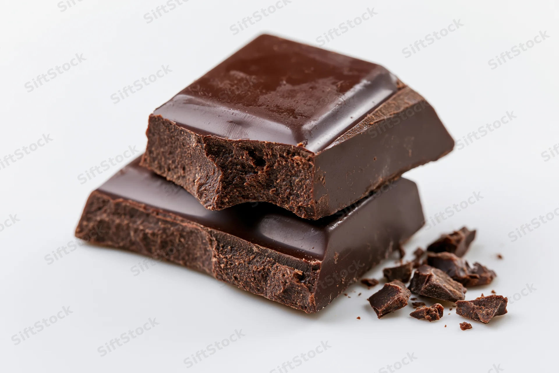 Two thick dark chocolate bars stacked with broken pieces on white background