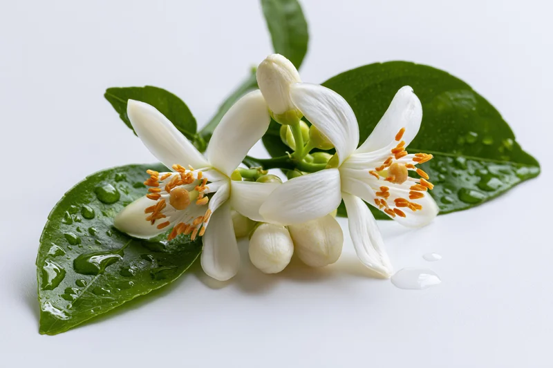 White orange blossom flowers with green leaves and water droplets on a white background