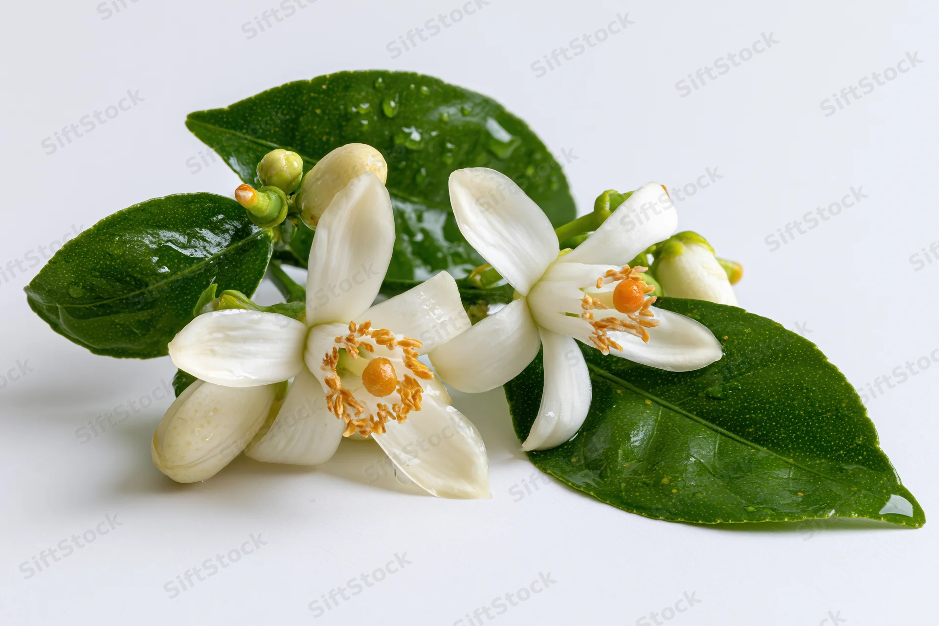 Orange blossom flowers with green leaves on white background