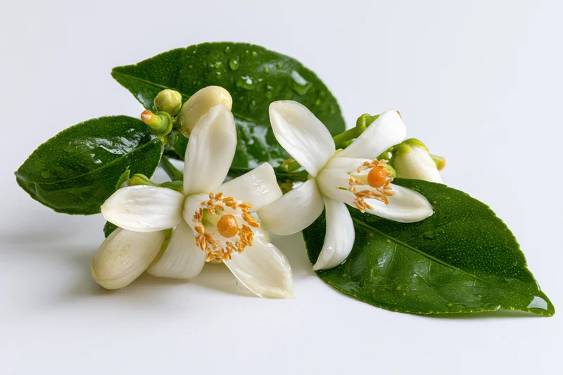 Orange blossom flowers with green leaves on white background