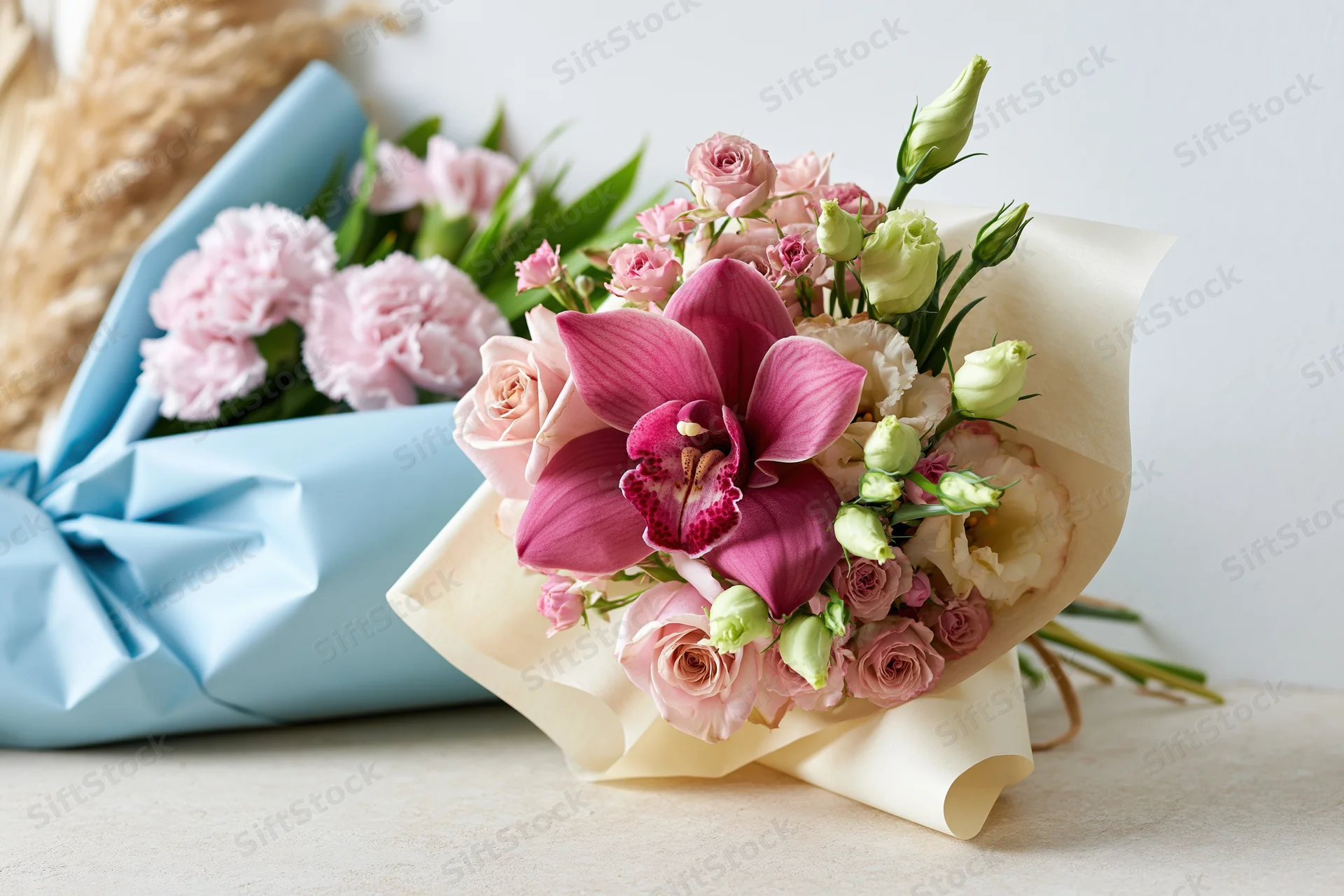 Two wrapped bouquets of pink roses, orchids and carnations arranged side by side on a light surface